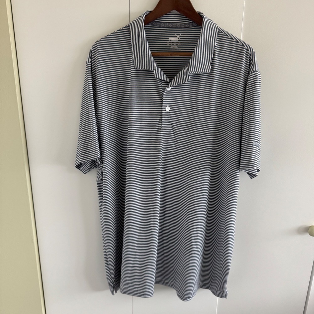 Puma Mens Golf Polo Shirt XL Gray White Striped Short Sleeve Performance